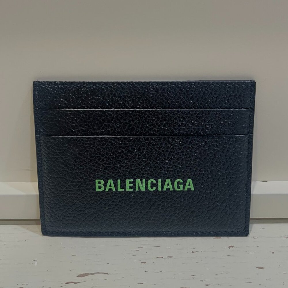 Balenciaga Grained Calfskin Logo Cash & Card Holder – Black w/ Green Logo